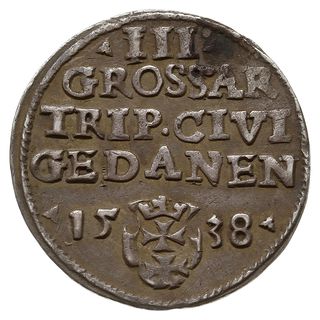 trojak 1538, Gdańsk, końcówka napisu na awersie PRVS, interpunkcja w postaci kropek, Iger G.38.1.a (R1),  CNG 71.II.a
