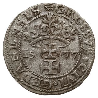 grosz oblężniczy 1577, Gdańsk, odmiana bez kawki”, grosz wybity w czasie gdy zarządcą mennicy był  K. Goebl, na awersie głowa Chrystusa przylega do wewnętrznej obwódki, Tyszk. 2.50