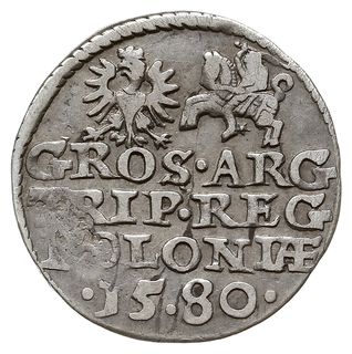 trojak 1580, Olkusz, odmiana z herbem Glaubicz (podskarbiego koronnego Jakuba Rokossowskiego) na awersie,  bez oznaczenia nominału na rewersie, Iger O.80.14.b (R6), Kopicki 511 (R7), Tyszk. 40, niedobity, ale bardzo  rzadki typ monety