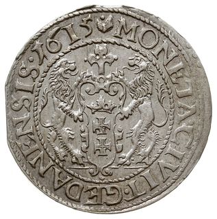 ort 1615, Gdańsk, odmiana z dużą głową króla, ozdobną tarczą i kropką nad łapą niedźwiedzia,  Shatalin G15-1 (R1), moneta z krawędzi blaszki, ale bardzo ładna, z dużym połyskiem menniczym