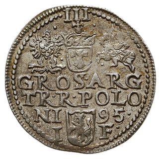 trojak 1595, Olkusz, Iger O.95.3.-/a (R5), bardzo rzadki typ monety z jabłkiem królewskim nad herbem Wazów,  awers odmienny od notowanego u Igera