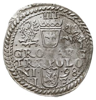 trojak 1598, Olkusz, odmiana z dwiema rozetkami pod popiersiem króla z długą brodą, Iger O.98.3.c (R4),  niecentryczny i lekko niedobity, ale ładnie zachowany i rzadki