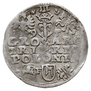 trojak 1595 Lublin, odmiana ze znakiem Topór i skróconą datą 9-5 koło herbu Wazów, Iger L.95.1.a (R6),  Kop. 1013 (R6), Tyszk. 30, lekko niedobity, ale bardzo rzadki i poszukiwany przez kolekcjonerów