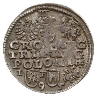 trojak 1595, Lublin, odmiana ze znakiem Topór, skrócona data 9-5 poniżej, Iger L.95.2.a (R5), Kop 1014 (R5),  Tyszk. 25, ciemna patyna, przyzwoity egzemplarz i bardzo rzadki