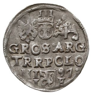 trojak 1597, Lublin, odmiana bez znaku mincerskiego, skrócona data z prawej strony herbu Lewart,  Iger L.97.20.a (R2) - ale trochę inna interpunkcja na rewersie, rzadki, moneta z aukcji WCN55/476