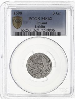 trojak 1598, Lublin, odmiana z pełną datą u dołu rewersu, Aw: +SIG III D G+ - +REX P M D L+,  Iger L.98.4.- (R) - nienotowana interpunkcja, moneta w pudełku firmy PCGS z oceną MS62,  pięknie zachowany