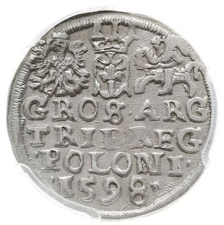 trojak 1598, Lublin, odmiana z pełną datą u dołu rewersu, Aw: +SIG III D G+ - +REX P M D L+,  Iger L.98.4.- (R) - nienotowana interpunkcja, moneta w pudełku firmy PCGS z oceną MS62,  pięknie zachowany