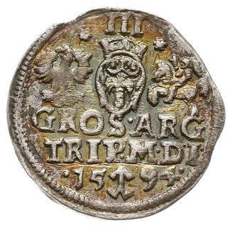 trojak 1594, Wilno, Iger V.94.1a/-, przy III na rewersie rozetki, Ivanauskas 5SV38-18, kolorowa patyna,  moneta z końca blaszki, ale pięknie zachowana