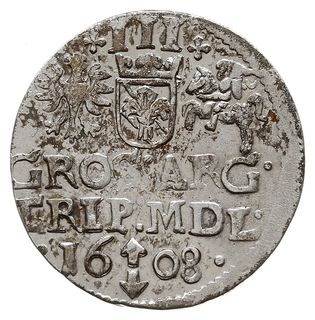 trojak 1608, Wilno, Iger V.08.1.a/-, na rewersie krzyżyki przy III, bardzo rzadki typ monety z herbem Bogoria  (podskarbiego wielkiego litewskiego - Hieronima Wołłowicza)