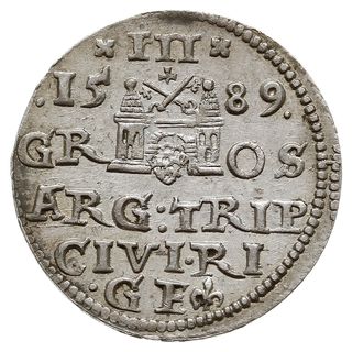 trojak 1589, Ryga, znak mincerski z prawej strony liter GE, Iger R.89.3.c (R), Gerbaszewski - (awers jak 22,  rewers jak 13), bardzo ładny