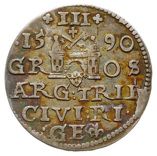 trojak 1590, Ryga, Iger R.90.2.b (R2), rzadki typ moety z dużą głowa króla