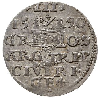 trojak 1590, Ryga, Iger R.90.2.c (R2), Gerbaszewski 16, mennicza wada bicia, delikatna patyna, rzadka  odmiana z dużą głową króla ładnie zachowana moneta z aukcji WCN52/366