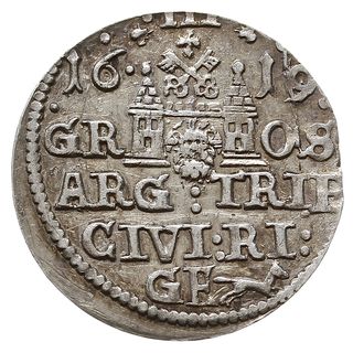 trojak 1619, Ryga, małe popiersie króla, Iger R.19.1.a (R3), ostatni rok emisji trojaków w Rydze  rzadki, poszukiwany typ monety