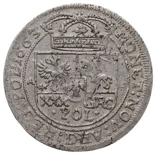 tymf (złotówka) 1663, Bydgoszcz, inicjały A-T (Andrzej Tymf, dzierżawca mennicy krakowskiej) po bokach  tarczy herbowej, pięknie zachowany jak na ten typ monety