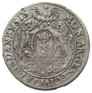 ort 1663, Gdańsk, herb Lewek w tarczy dzieli datę 16-63 na rewersie, CNG 294.II, moneta z końca blaszki