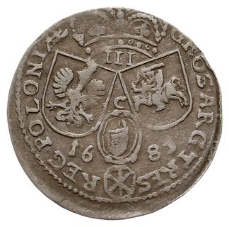trojak 1685, Kraków, odmiana z literą B pod popiersiem, dzielącą napis RE-X, na rewersie litera C pomiędzy  tarczami herbowymi, Iger K.85.1.b (R3), Tyszk. 3, jak na ten typ monety bardzo ładny i rzadki