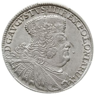 ort 1755, Lipsk, Kahnt 688 var. d - masywne popiersie króla w szerokiej koronie, duże cyfry daty, moneta w pudełku firmy PCGS z oceną MS62, wyśmienity stan zachowania