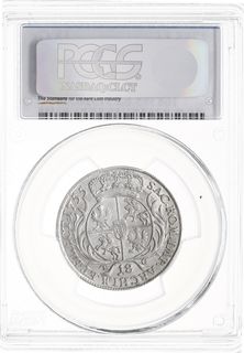 ort 1755, Lipsk, Kahnt 688 var. d - masywne popiersie króla w szerokiej koronie, duże cyfry daty, moneta w pudełku firmy PCGS z oceną MS62, wyśmienity stan zachowania