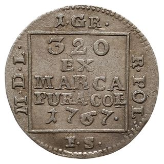 grosz srebrem 1767 F.S., Warszawa, odmiana z wąską koroną i małą cyfrą 6 w dacie, Plage 216, bardzo ładny
