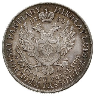 5 złotych 1830, Warszawa, odmiana z literami K-G, Plage 39, Bitkin 987, Berezowski 15 zł, ładna patyna