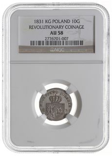 10 groszy 1831, Warszawa, odmiana z zagiętymi łapami Orła, Plage 279, Bitkin 6 (R), moneta w pudełku  NGC z oceną AU58, bardzo ładne