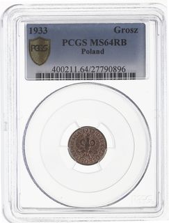 1 grosz 1933, Warszawa, Parchimowicz 101h, moneta w pudełku PCGS MS64RB, piękny z naturalnym  kolorem miedzi