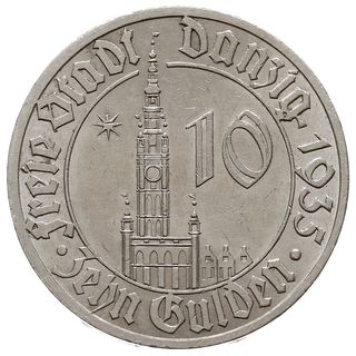 10 guldenów 1935, Berlin, Ratusz Gdański, Jaeger D.20, Parchimowicz 69, drobne mikroryski, ale piękny  egzemplarz z ładnym połyskiem menniczym, rzadkie