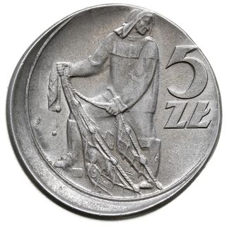 5 złotych 1960, Warszawa, Rybak”, Parchimowicz 220c, niecentrycznie wybite, atrakcyjna ciekawostka  numizmatyczna
