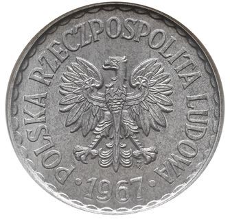 1 złoty 1967, Warszawa, aluminium, Parchimowicz 213.d, rzadki rocznik, moneta w pudełku NGC MS64, pięknie zachowany