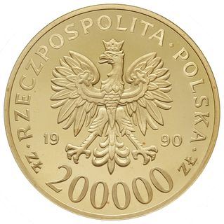 200.000 złotych 1990, USA, Solidarność 1980-1990, złoto 39 mm, 31.1 g próby ‘999’, Parchimowicz 632,  nakład: 2000 sztuk, moneta w oryginalnej folii, rzadka