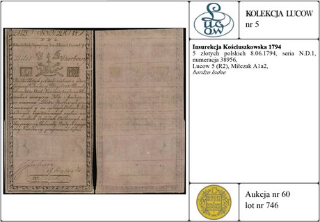 5 złotych polskich 8.06.1794, seria N.D.1, numeracja 38956, Lucow 5 (R2), Miłczak A1a2, bardzo ładne