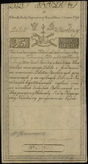 25 złotych polskich 8.06.1794, seria D, numeracja 30944, Lucow 27 (R1), Miłczak A3, w kolekcji Lucow nie została odnotowana odmiana tej serii bez znaku wodnego, niewielki prześwit papieru, ale bardzo ładnie zachowane