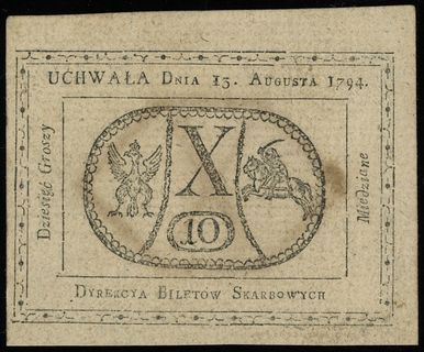 10 groszy miedziane 13.08.1794, Lucow 40 (R1), Miłczak A9a, zabrudzony papier, ale przyzwoity stan zachowania