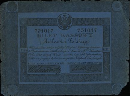 5 złotych 1824, numeracja 731017, podpisy komisarzy: Małachowski i Stawowski, na stronie odwrotnej podpis kontrolera \Omiński\"?