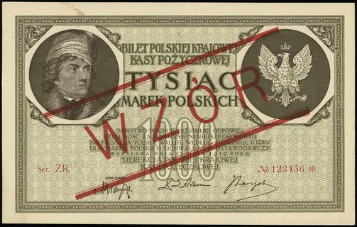 1.000 marek polskich 17.05.1919, seria ZR, numeracja 123456, ukośny czerwony nadruk WZÓR, znak wodny \orły i litery B-P, Lucow 340 (R6)
