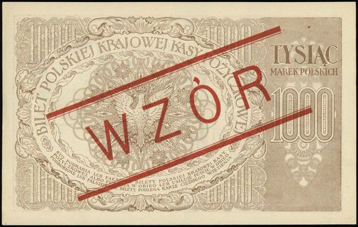 1.000 marek polskich 17.05.1919, seria ZR, numeracja 123456, ukośny czerwony nadruk WZÓR, znak wodny \orły i litery B-P, Lucow 340 (R6)