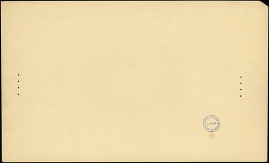 próbny druk kolorystyczny strony głównej banknotu 50 złotych emisji 28.08.1925, bez oznaczenia serii i numeracji, bez podpisów dyrektora i prezesa banku, papier bez znaku wodnego z szerokimi marginesami, na lewym i prawym marginesie perforacja po cztery dziurki, na odwrocie okrągła pieczęć E.GASPE / Atelier Eugène GASPERINI - Graveur” i numeracja 11”, Lucow 614a - dołączony do kolekcji po wydrukowaniu katalogu, Miłczak - patrz 62, parę niewielkich załamań na marginesach, ale pięknie zachowane