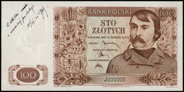 100 złotych 15.08.1939, seria J, numeracja 00000