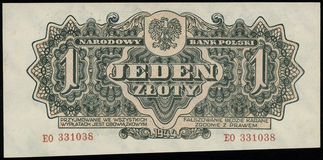 1 złoty 1944, w klauzuli OBOWIĄZKOWYM, seria ЕО, numeracja 331038, Lucow 1077 (R2), Miłczak 105a, pięknie zachowane