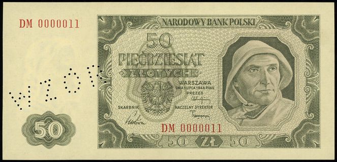 50 złotych 1.07.1948, seria DM, numeracja 000001