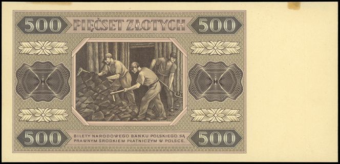 próbny druk w kolorze brązowo-różowym banknotu 500 złotych 1.07.1948, bez oznaczenia serii i numeracji, strona główna i odwrotna wydrukowana oddzielnie i sklejone, Lucow 1306 (R8), Miłczak - patrz 140, ślady kleju na górnym marginesie, ale pięknie zachowane i bardzo rzadkie
