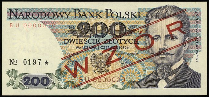 200 złotych 1.06.1982, seria BU, numeracja 00000