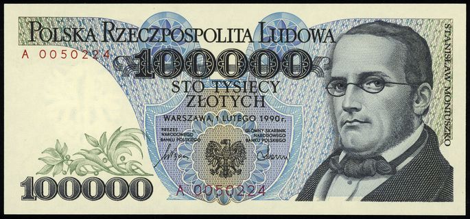 100.000 złotych 1.02.1990, seria A, numeracja 0050224, Lucow 1513 (R3), Miłczak 178a, idealnie zachowane