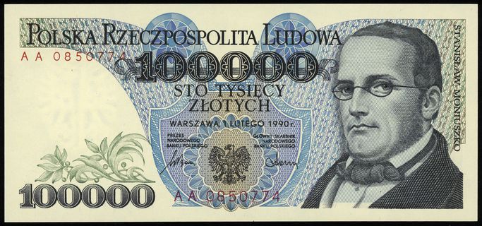 100.000 złotych 1.02.1990, seria AA, numeracja 0850774, Lucow 1514 (R2), Miłczak 178b, idealnie zachowane