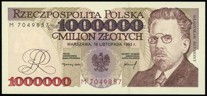 1.000.000 złotych 16.11.1993, seria M, numeracja 7049857, Lucow 1547 (R3), Miłczak 194a, idealnie zachowane