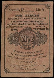 bon na 2 złote = 30 kopiejek 1863, serya II z literą A, brak numeracji - nie wypełniony druk, Jabłoński 476 - ale z datą 1862, parokrotnie złamane, nieduży ślad po naddarciu w środku, nierówno wycięte