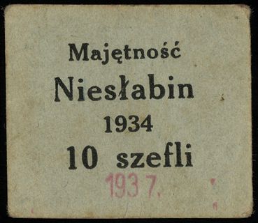 Majętność Niesłabin, bon na 10 szefli 1934, przestemplowane na 1937 rok, na stronie odwrotnej pieczęć: Gutsverwaltung - Niederau, Kr. Schrimm, Bez. Posen, zabrudzenia na obrzeżach, ale pięknie zachowane
