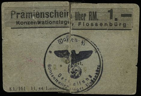 bon na 1 markę, odmiana z szerszą literą ä w Prämienschein, Campbell 3972b2, Siemsen 87b, ze stemplem na stronie głównej, przedarty i sklejony, bardzo rzadki