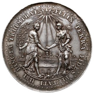 medal autorstwa Jana Höhna starszego, wybity około 1642 r. z okazji rozejmu w Sztumskiej Wsi i Błogosławieństwa Pokoju, Aw: Dwie personifikacje - Wiara z tarczą słoneczną i Pobożność z gałązką oliwną - podają sobie dłonie na tle panoramy Gdańska, u góry napis hebrajski w promienistej aureoli i napis w otoku FELIX TERRA FIDES PIETATI UBI IUNCTA TRIUMPHAT, Rw: Dwie obejmujące się personifikacje - Sprawiedliwośc i Pokój - z atrybutami swej władzy w dłoniach, niżej tabliczka Mojżesza PROXIMO DEO, napis w otoku PAX CUM IUSTITIA FORA TEMPLA ET RURA CORONAT, Gumowski 55 (z tej samej pary stempli), H-Cz. 2151, Raczyński 148, srebro 58 mm, 51.96 g, wybity na podobieństwo medalu wspólnego Sebastiana Dadlera i Jana Höhna (Maue 52-53, Więcek 94), sygnowany IH na tabliczce mojżeszowej, patyna, naprawiany rant, ale ładnie zachowany
