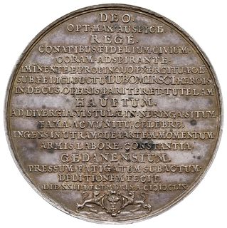 medal autorstwa Jana Höhna młodszego, wybity w 1659 w Gdańsku dla uczczenia zdobycia przez wojska polskie pod wodzą Jerzego Lubomirskiego twierdzy Haupt, okupowanej od 1657 roku przez wojska szwedzkie, Aw: Widok twierdzy Haupt z lotu ptaka, w otoku napis CAUSA DEO PLACUIT SED ET ARMA TUENTIA CAUSAM, na dole sygnatura Höhn, Rw: Poziomy napis w 17 wierszach, DEO OPT MAX AUSPICE REGE CONATIBUS FIDELIUM CIVIUM CORAM ADSPIRANTE ..., poniżej herb Gdańska, H-Cz. 2132 (R3), Racz. 143, Więcek str. 122, Stahr 115, srebro 73 mm, 81.01 g, patyna, jedna z pierwszych prac medaliera, wspaniały plastycznie medal